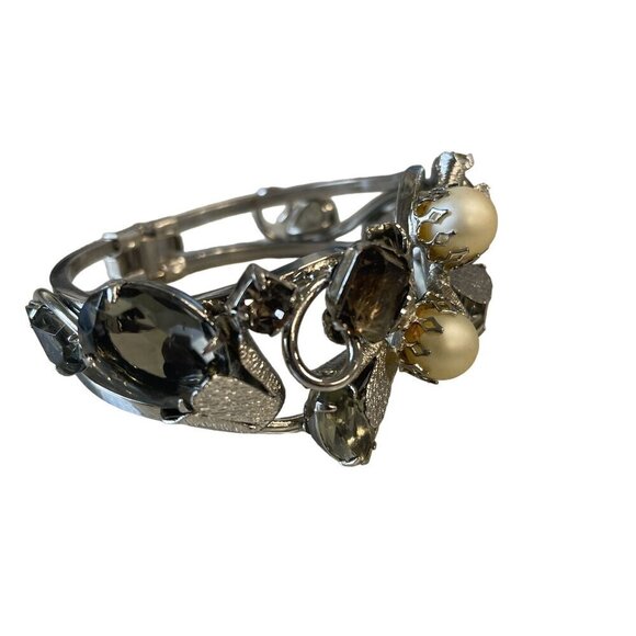 Vintage Silver-Tone Bracelet with Faux Pearls & Smoky Quartz Crystals Statement - Picture 2 of 15